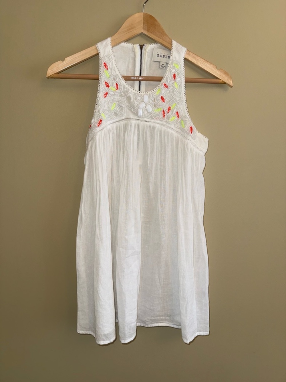 Sabine Beaded Sleeveless Flowy Top Size XS White Cotton Beach Resort Feminine